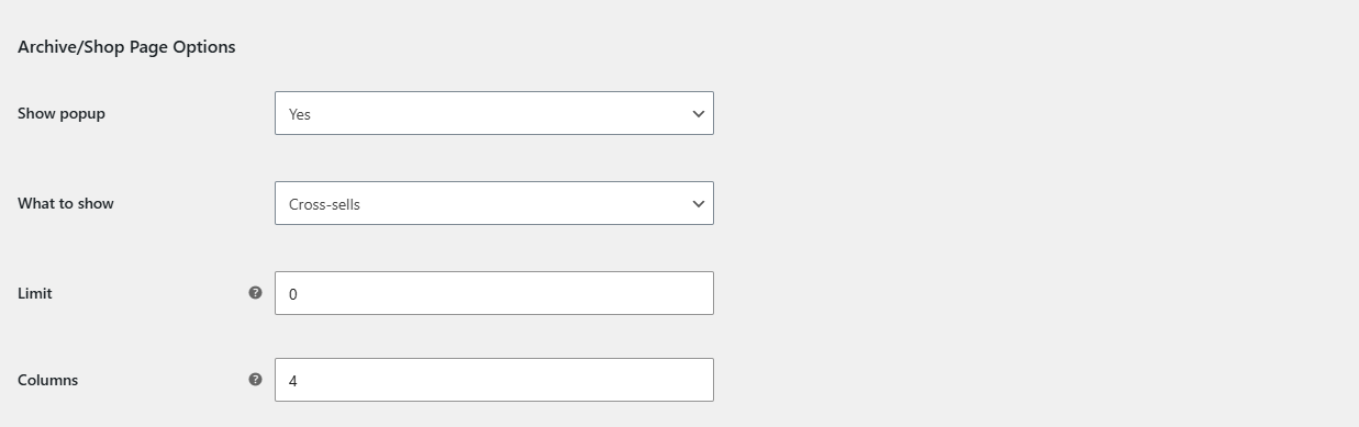 General tab, Archive/Shop Page Options with What to show set to Cross-sells