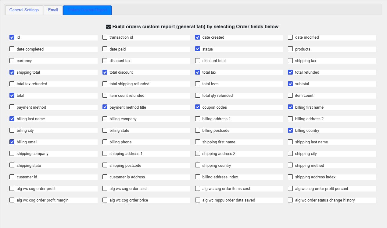 Settings / Orders Custom Report field checkboxes