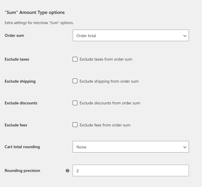 General tab, "Sum" Amount Type options group
