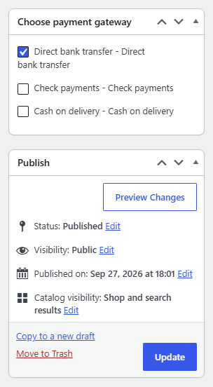 product edit screen showing the "Choose payment gateway" meta box in the side column