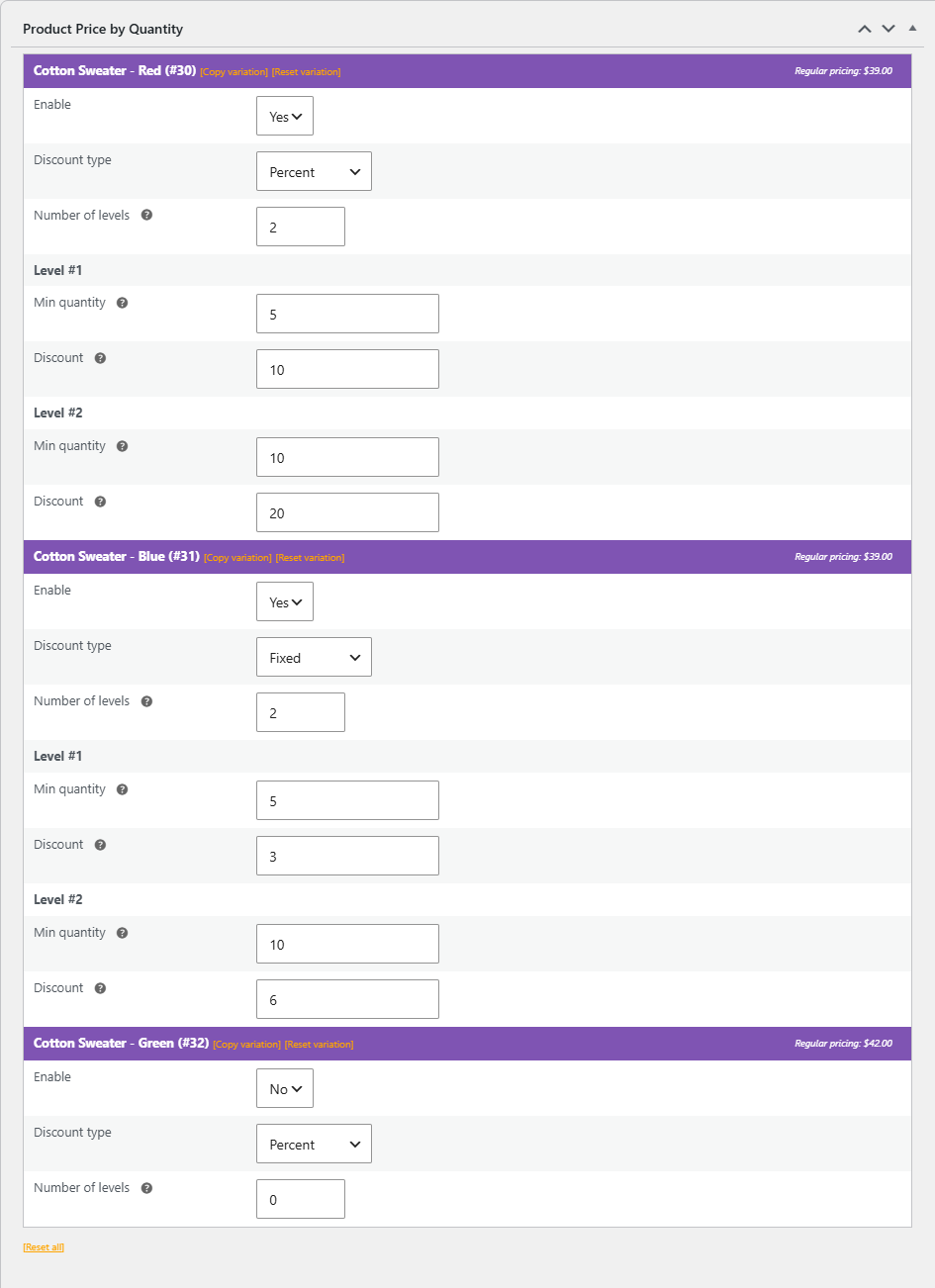 Product Price by Quantity box on a variable product with a pricing block for each variation