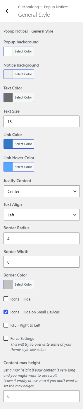 Popup Notices panel in the WordPress Customizer, General Style section