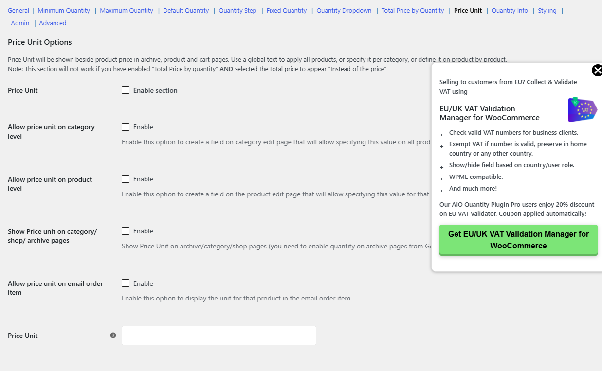 Price Unit section at WPFactory / Quantity Manager / Price Unit