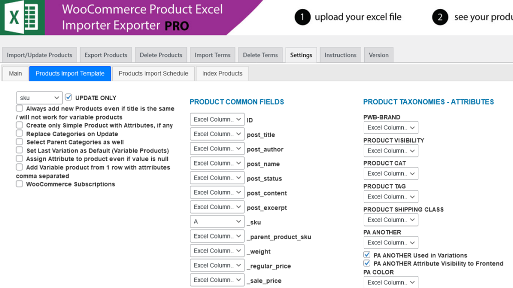 Products Import Template settings for a scheduled import