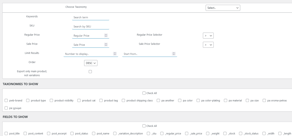 Selecting fields and filters for a scheduled WooCommerce product export