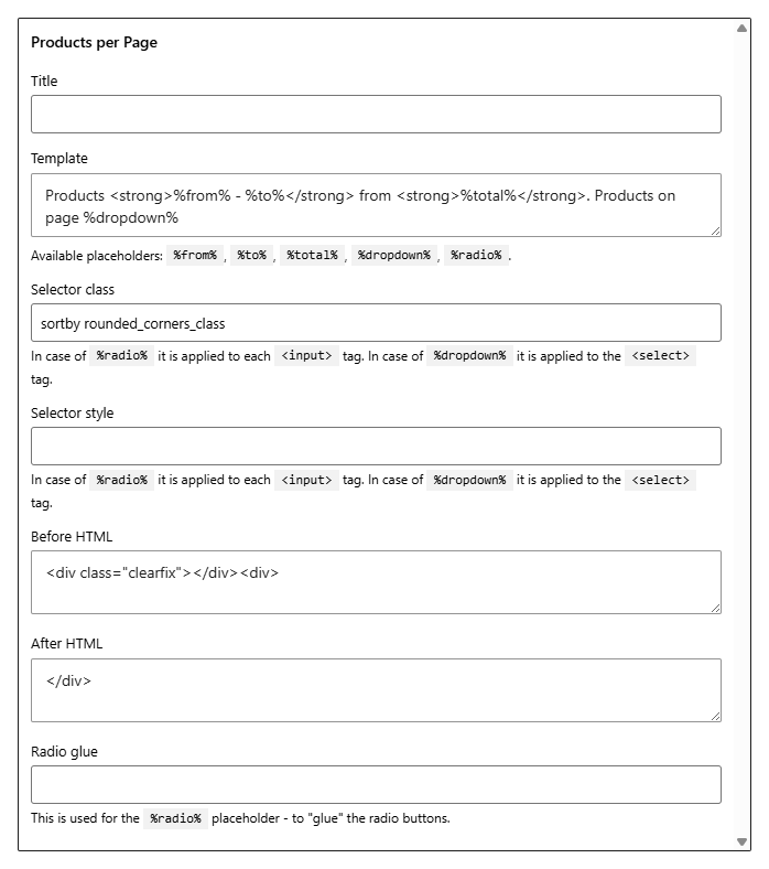 the Products per Page widget in Appearance / Widgets with its option fields