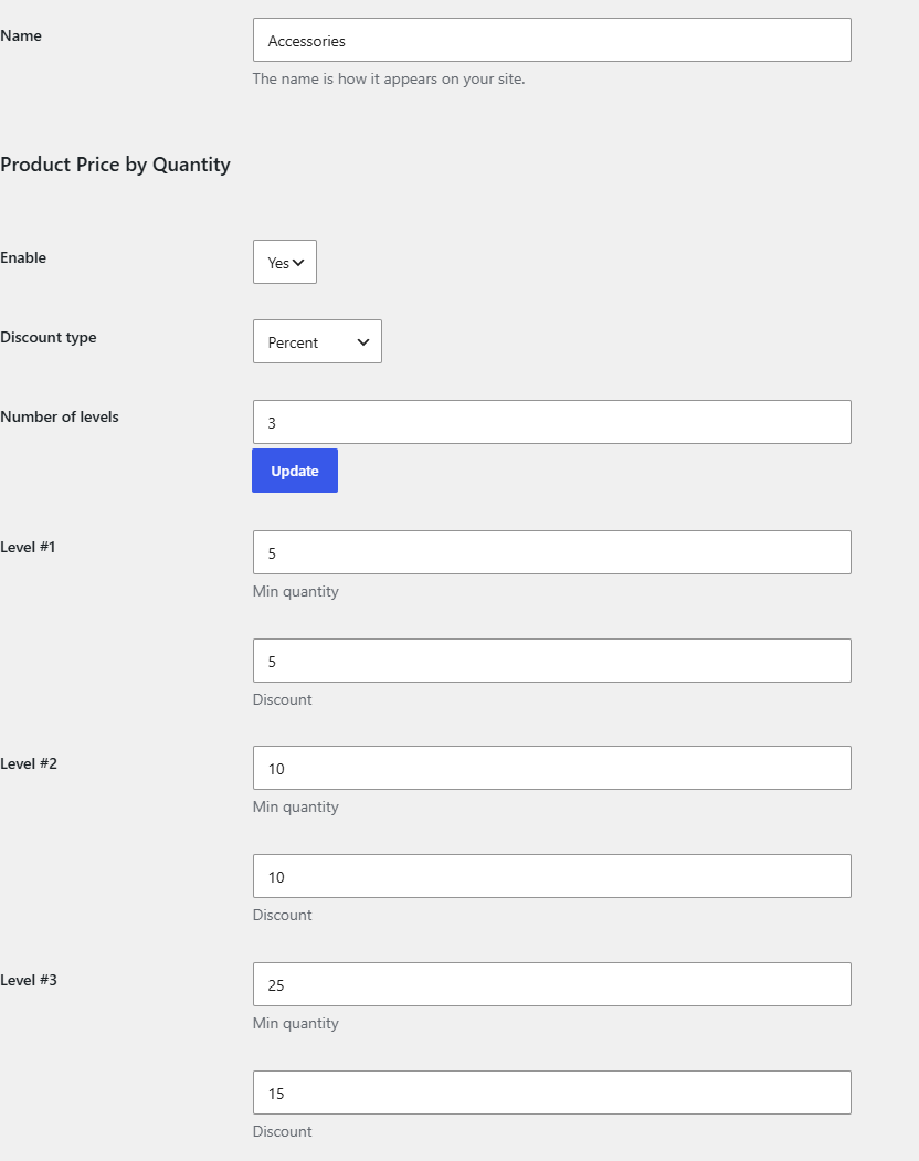 Product category edit screen showing the Product Price by Quantity fields