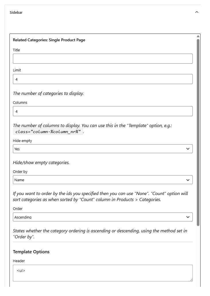 Appearance / Widgets showing the Related Categories widget added to a sidebar