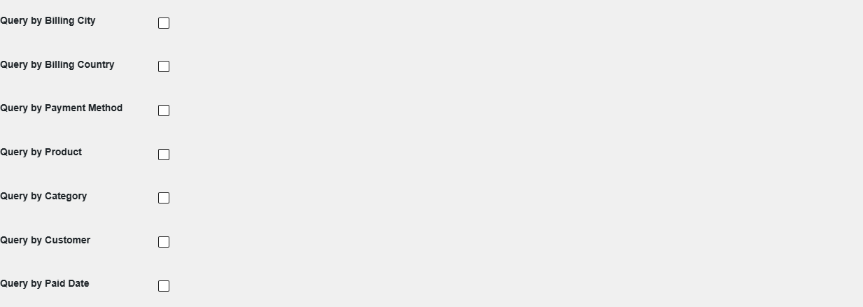 General Settings "Query by" checkboxes (Billing City, Billing Country, Payment Method, Product, Category, Customer, Paid