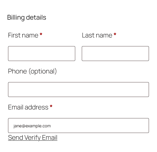 classic checkout billing email field with the Send Verify Email link