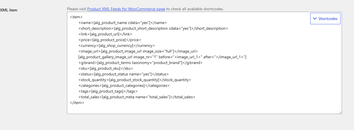 XML Feed #1 > Template Options > XML item field with a g:brand line using alg_product_terms